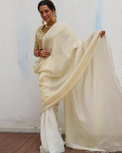 Sreeja Handwoven Linen Zari Saree - Onam