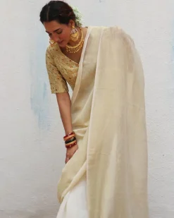 Sreeja Handwoven Linen Zari Saree - Onam