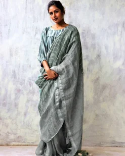 Stone Grey Blockprinted Handwoven Linen Zari Saree - Anant