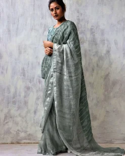 Stone Grey Blockprinted Handwoven Linen Zari Saree - Anant