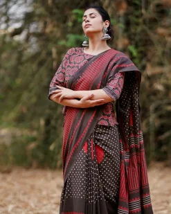 Suraj Ki Baahon Mein Brown Hand Block Printed Cotton Saree - WW