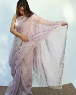 Surmayi Handwoven Linen Saree- Melting Moon