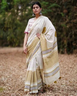 Surmayi Shaam Ivory Hand Block Printed Cotton Saree - WW