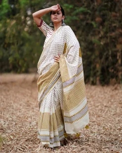 Surmayi Shaam Ivory Hand Block Printed Cotton Saree - WW