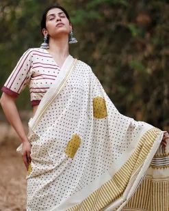 Surmayi Shaam Ivory Hand Block Printed Cotton Saree - WW