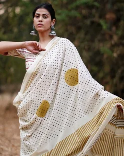 Surmayi Shaam Ivory Hand Block Printed Cotton Saree - WW