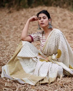 Surmayi Shaam Ivory Hand Block Printed Cotton Saree - WW