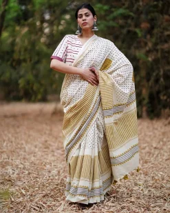 Surmayi Shaam Ivory Hand Block Printed Cotton Saree - WW