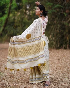 Surmayi Shaam Ivory Hand Block Printed Cotton Saree - WW