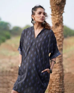 Swaying Silence Blockprinted Cotton Dress-WWB
