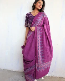 Sylvia  Handblockprinted Cotton Saree - Butterfly Girls