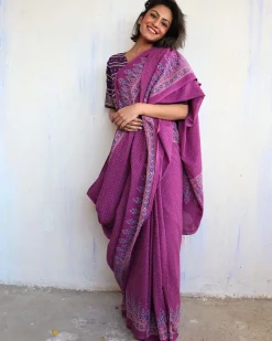 Sylvia  Handblockprinted Cotton Saree - Butterfly Girls