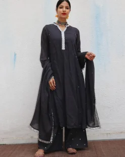 Tej Black Mulmul Cotton Kurta Set with Dupatta Set of 3 - Jugnoo
