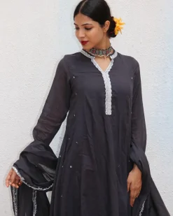 Tej Black Mulmul Cotton Kurta Set with Dupatta Set of 3 - Jugnoo