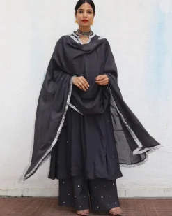 Tej Black Mulmul Cotton Kurta Set with Dupatta Set of 3 - Jugnoo
