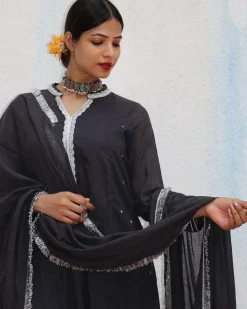 Tej Black Mulmul Cotton Kurta Set with Dupatta Set of 3 - Jugnoo