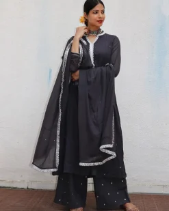 Tej Black Mulmul Cotton Kurta Set with Dupatta Set of 3 - Jugnoo
