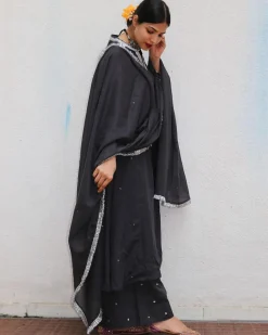 Tej Black Mulmul Cotton Kurta Set with Dupatta Set of 3 - Jugnoo