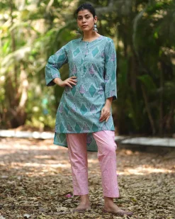 Tenderness of Tulips Teal Green Block Printed Kurti - MMG