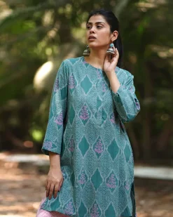 Tenderness of Tulips Teal Green Block Printed Kurti - MMG