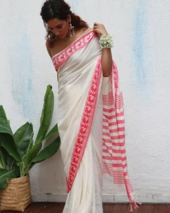Trinetra Handwoven Linen Cotton Jamdani Saree - Uma