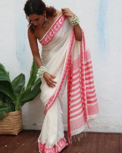 Trinetra Handwoven Linen Cotton Jamdani Saree - Uma