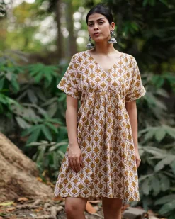 Tu Dilruba Ivory Block Printed Cotton Dress - WW