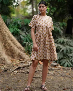 Tu Dilruba Ivory Block Printed Cotton Dress - WW