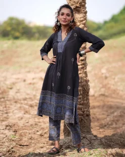 Twilight Petals Blockprinted Cotton Kurta Set-WWB