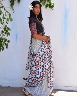 Twilight Sparkle Handblockprinted Mulmul Cotton Saree - Vnmn