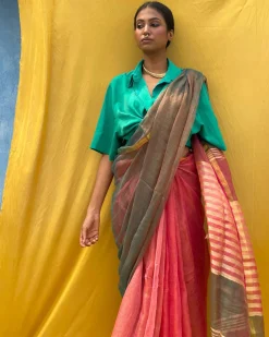 Two Tone Vermillion Handwoven Pure Linen Zari Saree-Sahasa