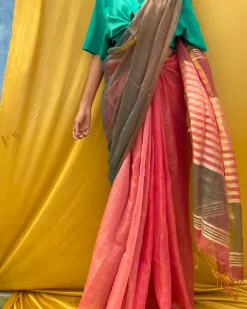 Two Tone Vermillion Handwoven Pure Linen Zari Saree-Sahasa