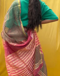 Two Tone Vermillion Handwoven Pure Linen Zari Saree-Sahasa