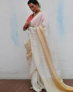 Udaya Handwoven Linen Zari Saree - Onam