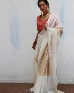 Udaya Handwoven Linen Zari Saree - Onam
