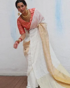 Udaya Handwoven Linen Zari Saree - Onam