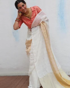 Udaya Handwoven Linen Zari Saree - Onam
