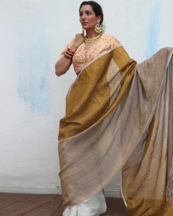 Udvita Handwoven Linen Zari Saree - Onam