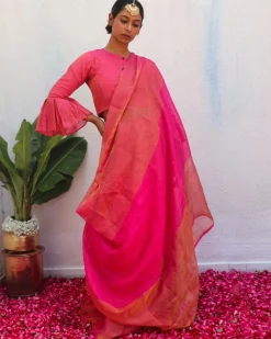 Ujjwala Pink Handwoven Linen Zari Saree - Eknoor