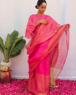 Ujjwala Pink Handwoven Linen Zari Saree - Eknoor