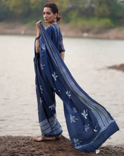 Urmi Blockprinted Modal Silk Saree - Jaisal