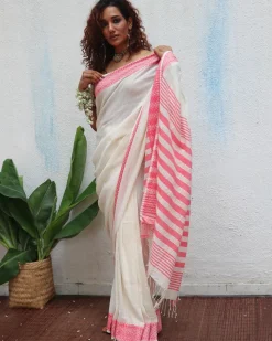 Vaarahi Handwoven Linen Cotton Jamdani Saree - Uma