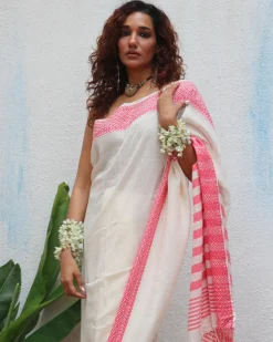 Vaarahi Handwoven Linen Cotton Jamdani Saree - Uma
