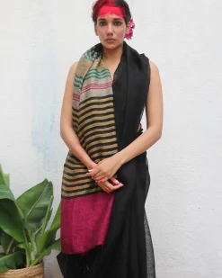 Vajrangi Handwoven Linen Saree - Kaali
