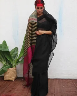 Vajrangi Handwoven Linen Saree - Kaali