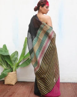 Vajrangi Handwoven Linen Saree - Kaali
