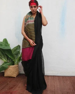 Vajrangi Handwoven Linen Saree - Kaali
