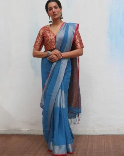 Varsha Handwoven Linen Zari Saree - Jheel