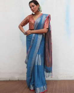 Varsha Handwoven Linen Zari Saree - Jheel