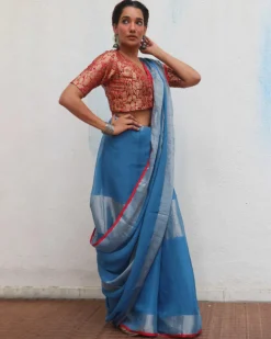 Varsha Handwoven Linen Zari Saree - Jheel